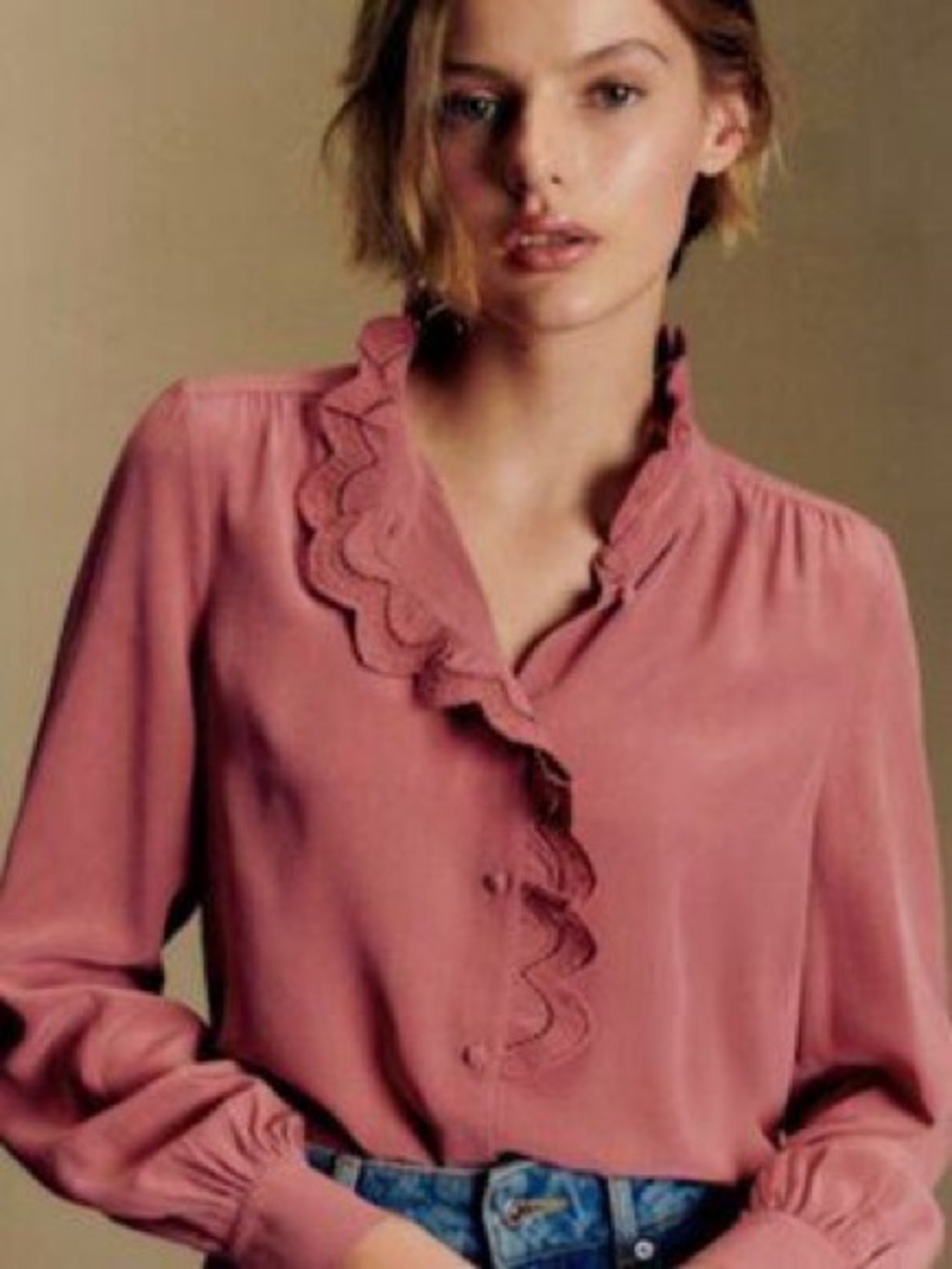 Sezane Silk Rose-Pink Ruffled Button-Front Blouse - Picture 4 of 8